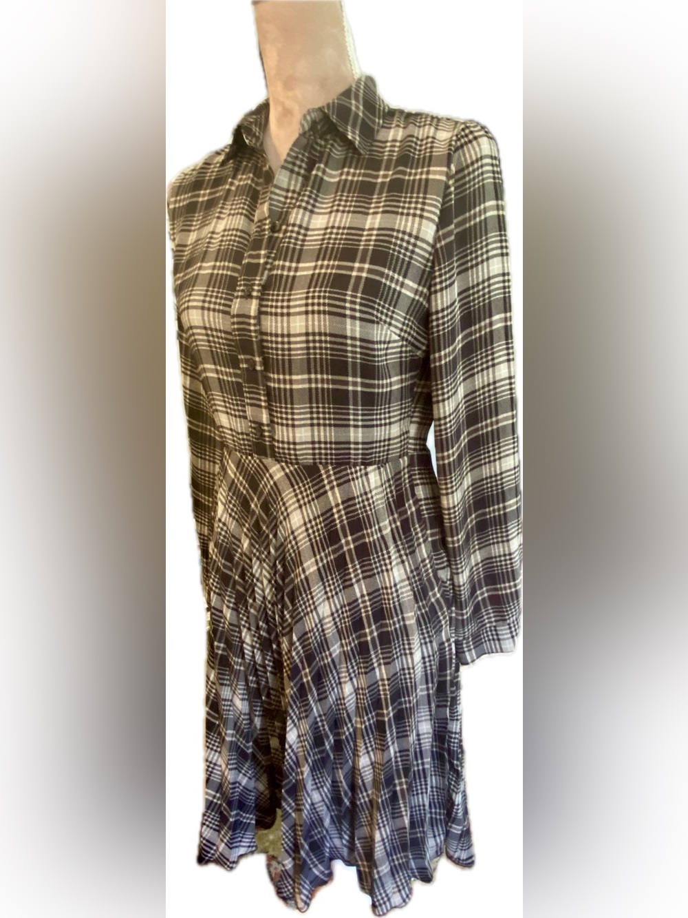 Banana Republic Black and Tan Plaid Long-Sleeve Shirtdress